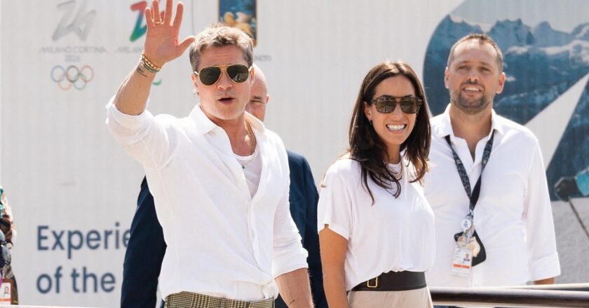 Brad Pitt and girlfriend Ines de Ramon all smiles arriving in matching white tops at Venice Film Festival