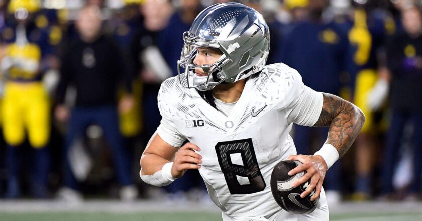Oregon quarterback Dillon Gabriel suggests football games should be played without bad weather